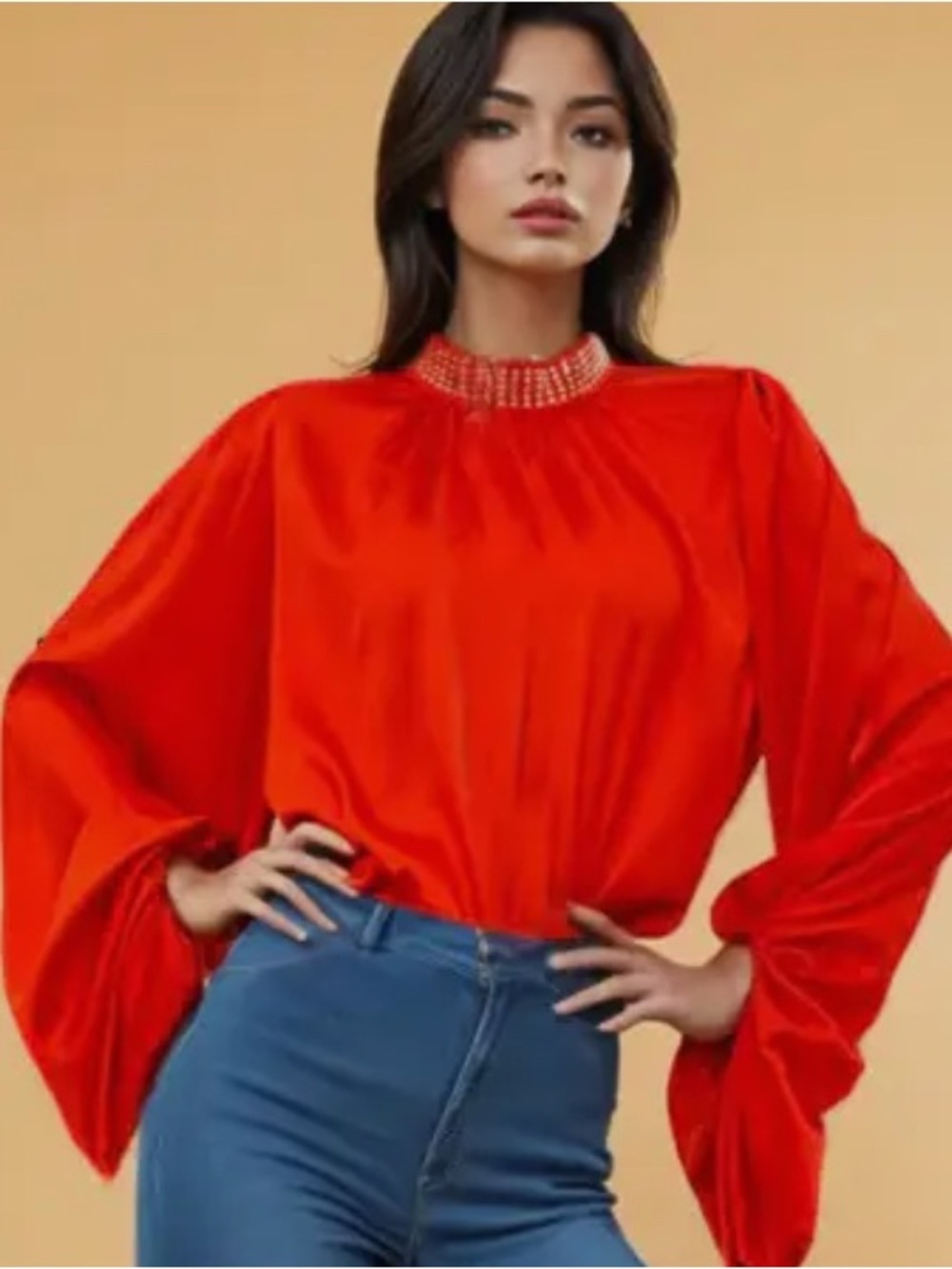 Red Satin Balloon Sleeve Top with Embellished Neck